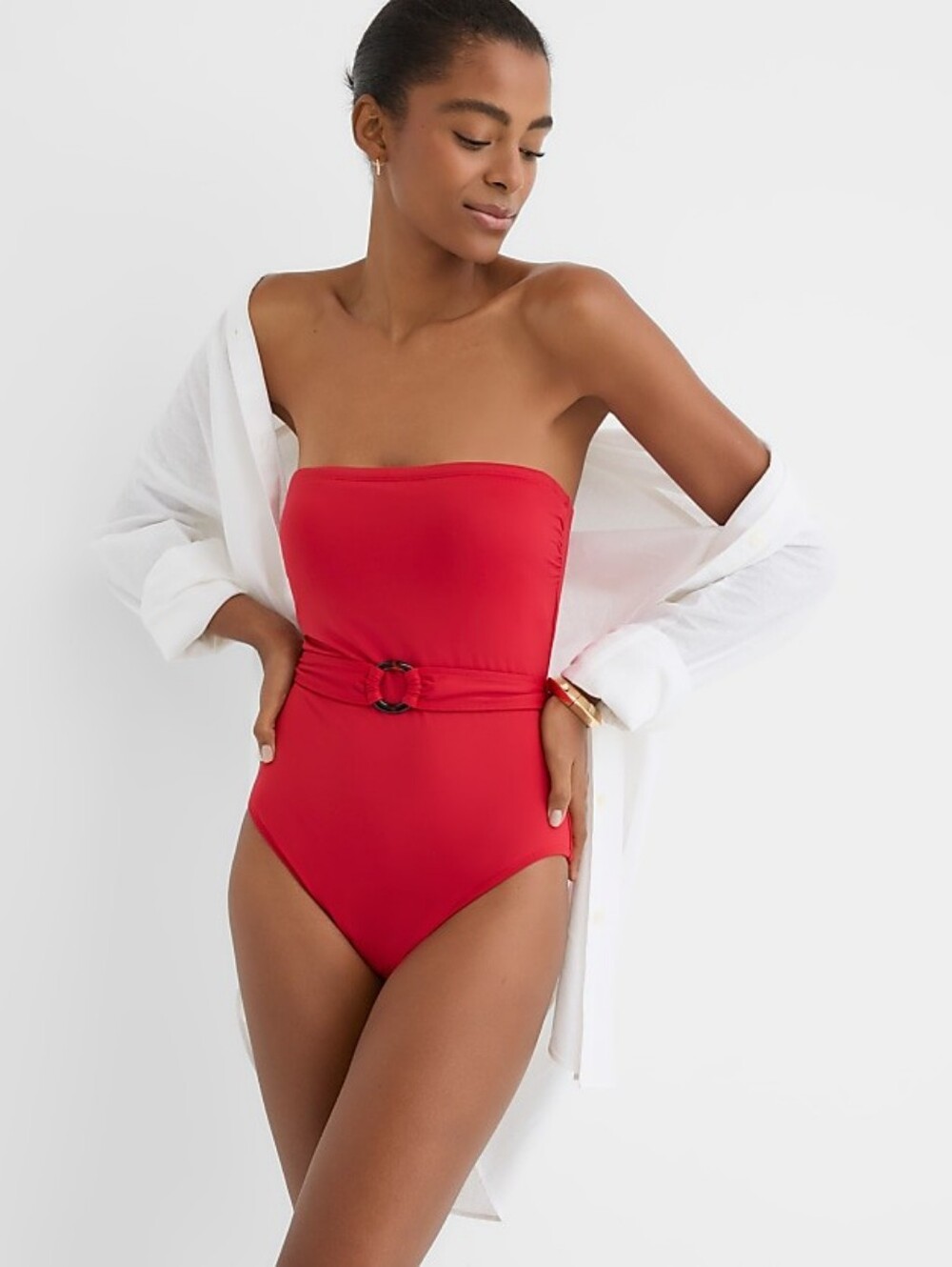 NWT LOFT Red Strapless One-Piece Swimsuit with Ring Belt